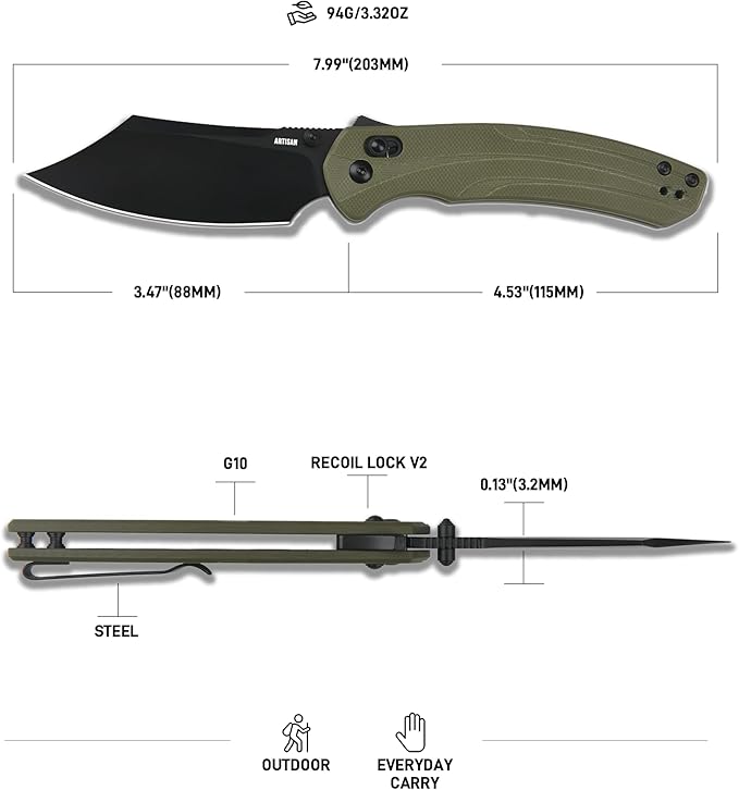 ARTISANCUTLERY Simoon Folding Knife, 3.47" AR-RPM9 Steel Blade G10 Handle Pocket Knife with Recoil Lock V2, EDC Knives for Men Women Camping Hiking(ATZ-1882 Black)