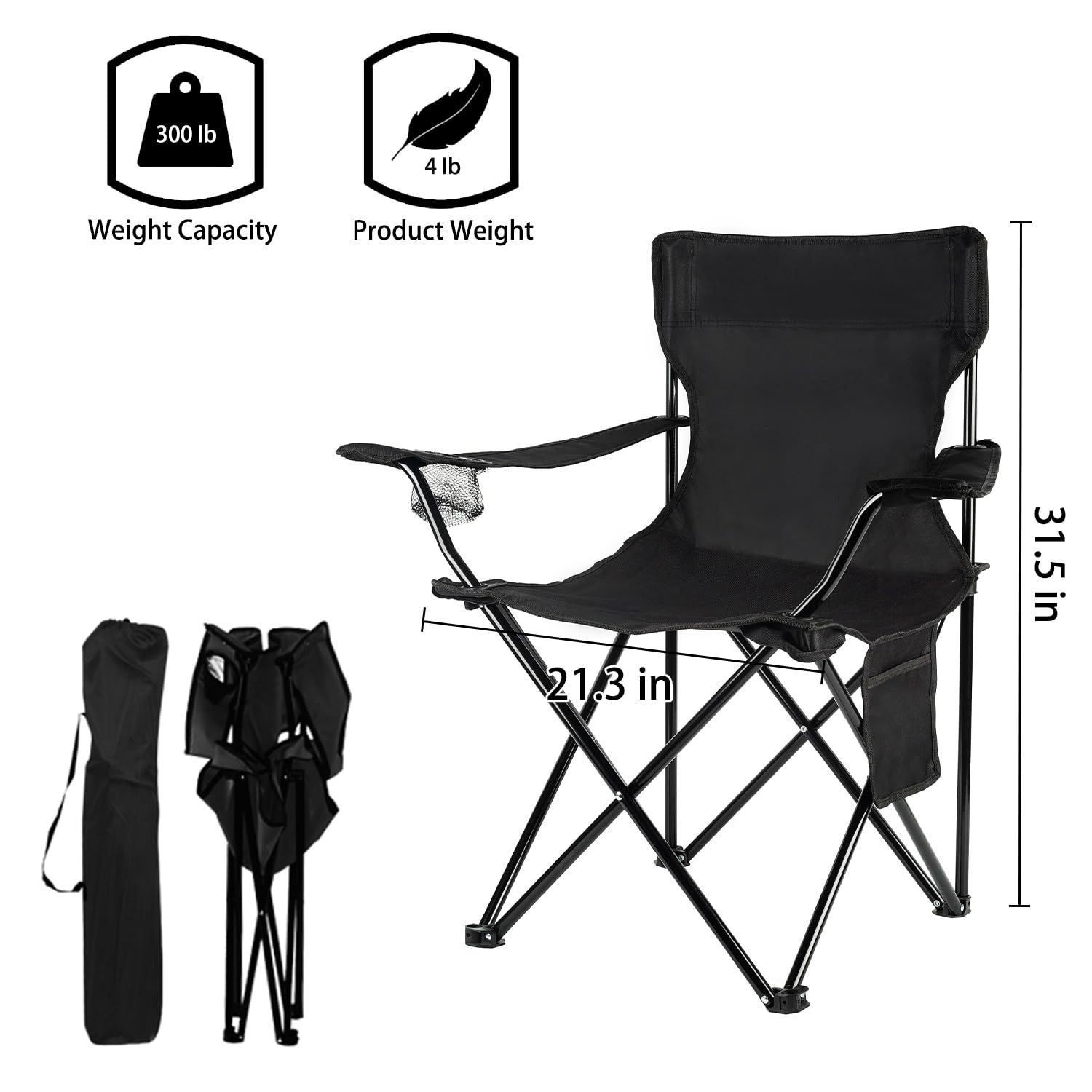 Damei century 4Pack Folding Camping Chairs, Portable for Beach, Lawn, Black