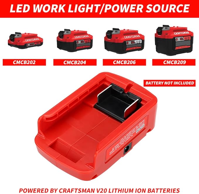Battery Adapter Charger for Craftsman V20 Li-ion Battery, Power Source with 3W 140LM LED Light, 2 USB Ports, 12V DC Port Flashlight Worklight Outdoor Camping Lantern Light