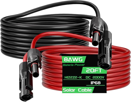 20Feet 8AWG Solar Panel Extension Cable, Bateria Power 8 Gauge 8mm² PV Wire with Female & Male Waterproof Connectors for RV, Photovoltaic Systems, Set of 2