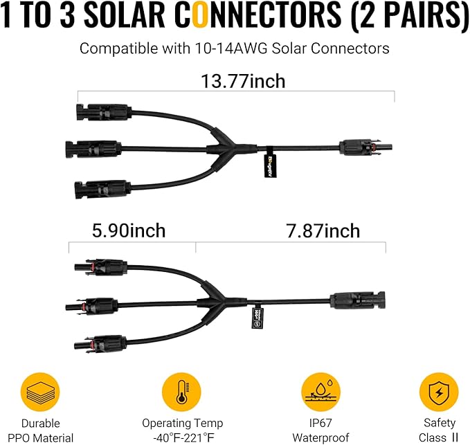 BougeRV Solar Y Branch Connectors Solar Panel Parallel Connectors 1 to 3 Solar Cable Wire Plug Tool Kit (2 Pairs M/FFF and F/MMM)