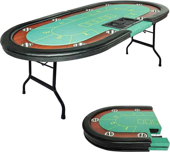 Premium 84" Poker Table Foldable with Chips Tray, 10 Player Oval Folding Portable Texas Holdem Table with Cushioned Rail & Stainless Steel Cup Holders, Green Felt Surface