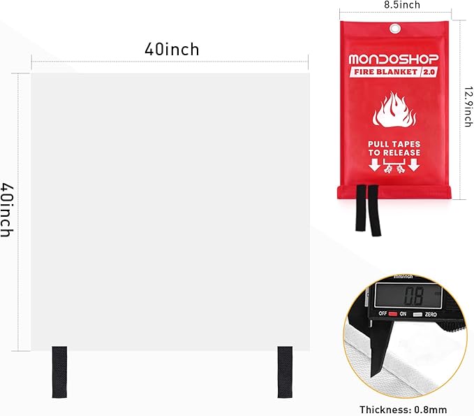 Mondoshop Silicone Fire Blanket for Home - 40"x40" Emergency Fire Blankets for Kitchen, Fire Retardant Blankets for Car, Camping, Grill, Office, Warehouse, School, Picnic