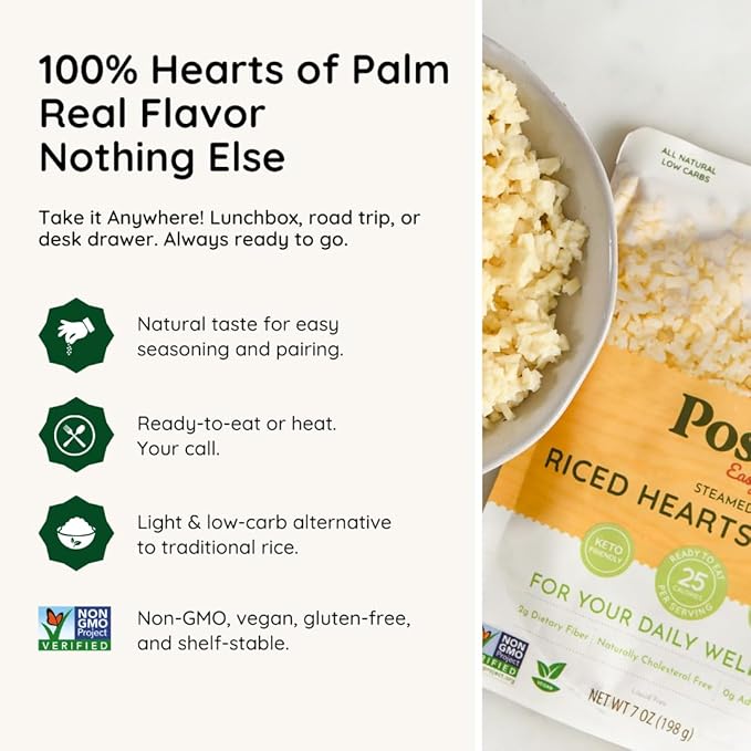 POSHI Riced Heart Of Palm | All Natural, Fully Cooked, Ready to Eat, Non-GMO, Low Calorie + Carb, Gluten Free, Vegetable Rice, Meals, On The Go, Plant-Based, Healthy, Veggies (7oz, 6 Pack)