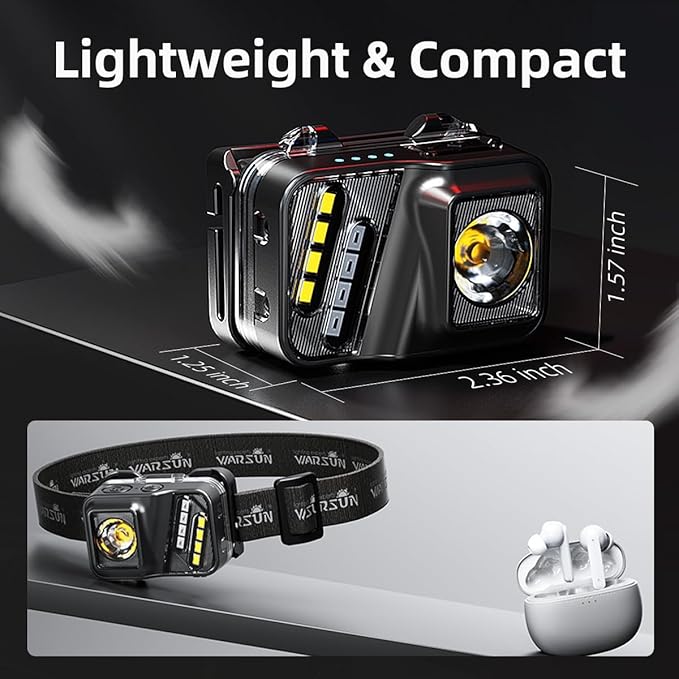 WARSUN Rechargeable Lightweight Headlamp ??750 Lumens Running & Helmet Light, LED Head Torch with Motion Sensor, 5 Modes, for Night Running, Fishing, Camping, Cycling, Work