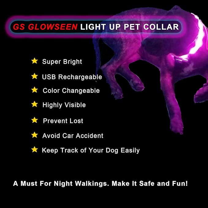 Led Dog Collar Rechargeable USB-C, Super Bright Multi-Color Light Up Collar, Weatherproof Lighted Safety Dog Collar Light for Night Walking,Size Cuttable for Large Medium Small Dogs