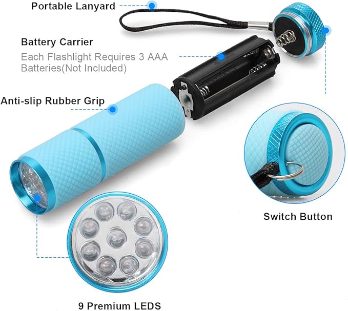 AHIER 9 LED Glow in Dark Flashlights, 3 Pack Rubber Coated Flashlights with Straps, Portable Handy Lights for Camping, Hiking, Indoor, Assorted Colors (Green+Blue+Pink)