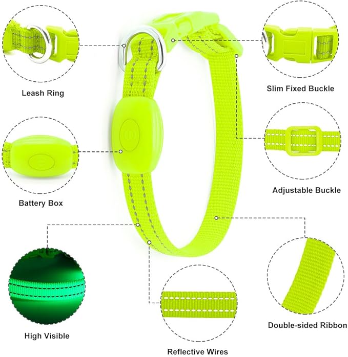Light Up Dog Collar for Small Dogs - Rechargeable Puppy Collars Glow in The Dark LED Dog Collar Lights for Night Walking（X-Small, Green）