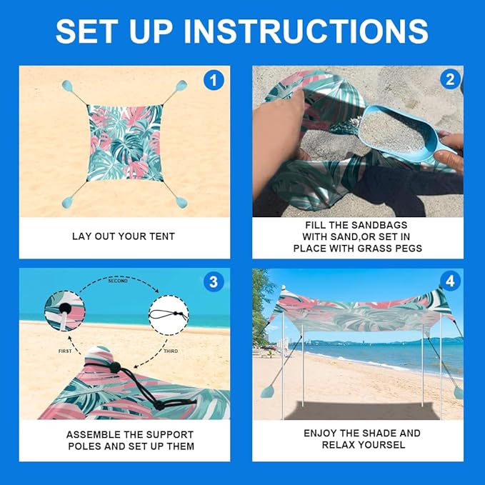 YUKIHOME Beach Tent Sun Shade Canopy Tent, UPF 50+ Camping Beach Sun Shelter 10 x 10ft 4 Pole, Lightweight, Easy Set Up and Carry