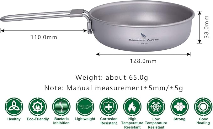 Boundless Voyage Titanium Frying Pan with Folding Handle Ultra-light for Camping Picnic Skillet Griddle Tableware Cookware A-Ti2061C