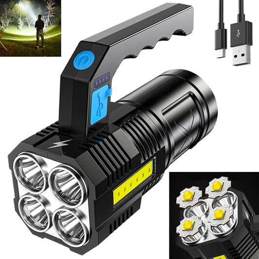 LED Flashlight USB Rechargeable, High Lumens Tactical Light with Sidelight, 4X LED, Zoomable, Handheld Super Brightest Flashlights, Portable Torch for Outdoor Camping Home Emergency Lantern