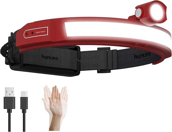 Ultima 2025 New 230° Wide Beam Headlamp ??1600 Lumens, 330ft Long-Range Spot, 5000mAh USB-C Rechargeable Battery, Motion Sensor, Waterproof LED Headlamp for Camping, Work, Running (Blaze Red)