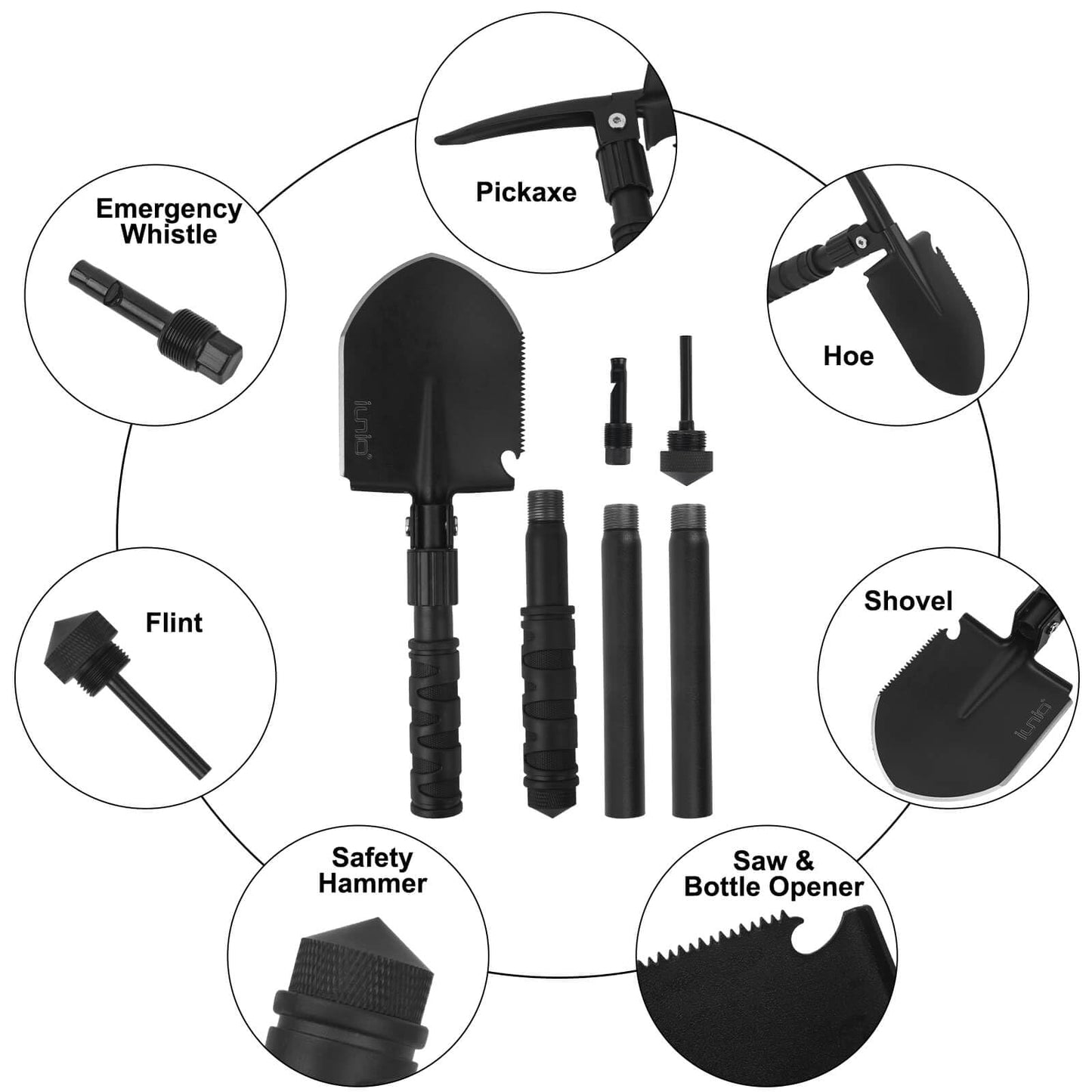 iunio Folding Camping Shovel 31in, Heavy-Duty Carbon Steel Survival Shovel