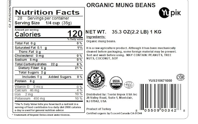 Yupik Organic Mung Beans, 2.2 lb (35.3 oz), USDA Certified, Kosher, Gluten-Free, Dried Legumes, Excellent Source of Protein & Fiber, Perfect for Sprouting, Soups & Salads