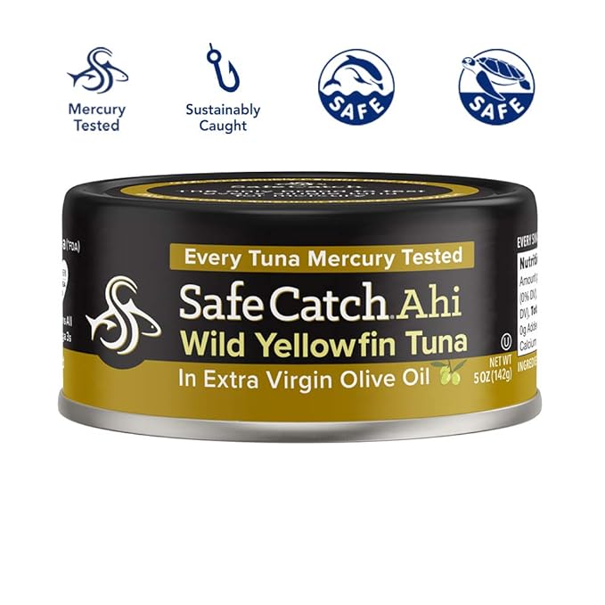 Safe Catch Wild Ahi Yellowfin Tuna Fish Canned, Wild Caught, Lowest Mercury, Lean Protein, Omega 3, Gluten-Free, Kosher, in Extra Virgin Olive Oil, Pack of 6
