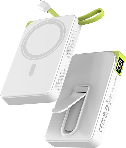 Battery Pack 10000mAh, 3-in-1 Magnetic Portable Charger with USB-C Cable 22.5W Fast Charging, Foldable Stand Power Bank Compatible with iPhone 17/16/15/14/13/12 Series, White