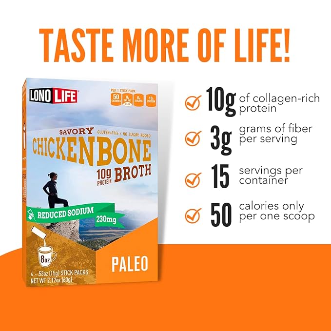 LonoLife Reduced Sodium Chicken Bone Broth Powder Mix | 10g Protein | Collagen-Rich, Keto & Paleo Friendly | Natural Ingredients | 10 Portable Stick Pack Servings