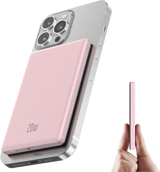 for Magsafe Battery Pack, Ultra Slim Wireless Portable Charger 5000mAh, 20W PD Magnetic Power Bank Fast Charging USB C in&Out Powerbank for iPhone 16/15/14/13/12 Mini Plus Pro Max,Pink