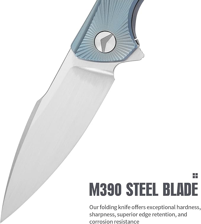 Folding Knife pocket knife EDC Knife With Clip Survival knife Hunting knife - M390 Steel Titanium Handle - Outdoor Hunting Survival Camping knife with Sheath (Blue)