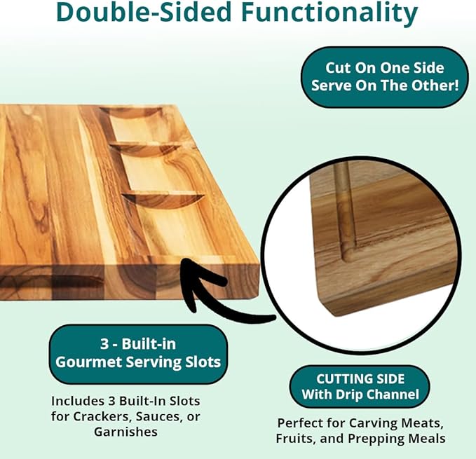 EcoDecors, Teak Cutting Board 24x18, FSC Certified Edge Grain Wood Reversible Butcher Block with Juice Groove, 3 Charcuterie Trays & Handles, Large Teakwood Cutting Board for Kitchen & Carving