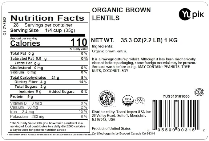 Yupik Organic Lentils, Brown, 2.2 lb, Non-GMO, Vegan, Gluten-Free (Pack of 2)