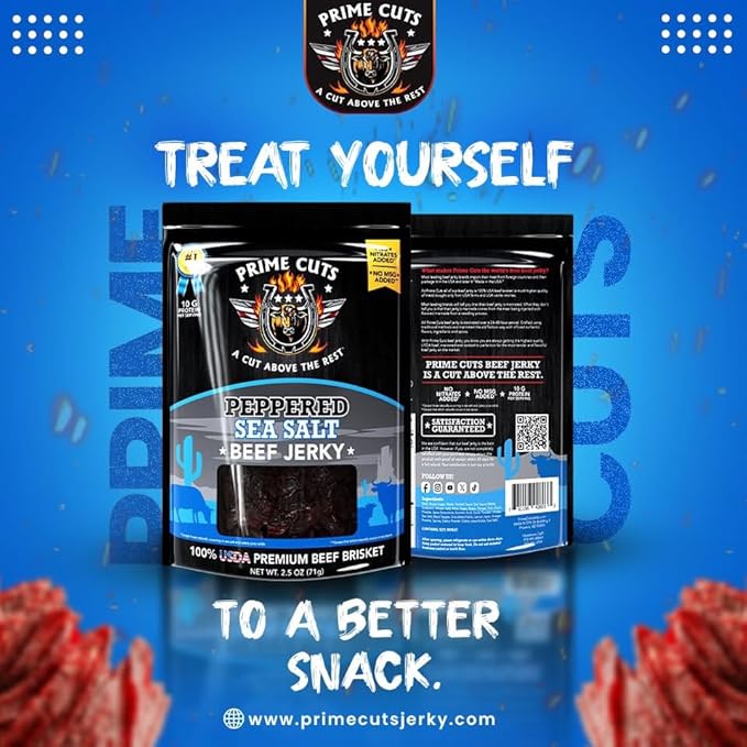 Prime Cuts Peppered Sea Salt Beef Jerky | USDA Prime Brisket | Classic Black Pepper and Sea Salt Flavor | High-Protein, Low-Fat Snack | No Artificial Ingredients | Perfect Anytime