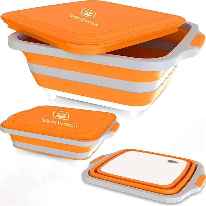Collapsible BBQ Prep Tubs with Lids, Grill Cutting Board, Camping Sink with Drainage Hole for Meal Prep, Fruit Wash and Food Storage, Marinating Container,16L Orange Tub 20"