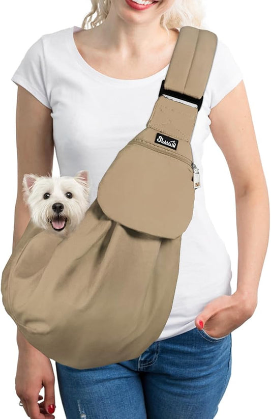 SlowTon Dog Carrier Sling - Thick Padded Shoulder Strap Adjustable Dog Carriers for Small Dogs, Puppy Carrier Purse for Pet Cat with Front Zipper Pocket Safety Belt Machine Washable (BRN, M)
