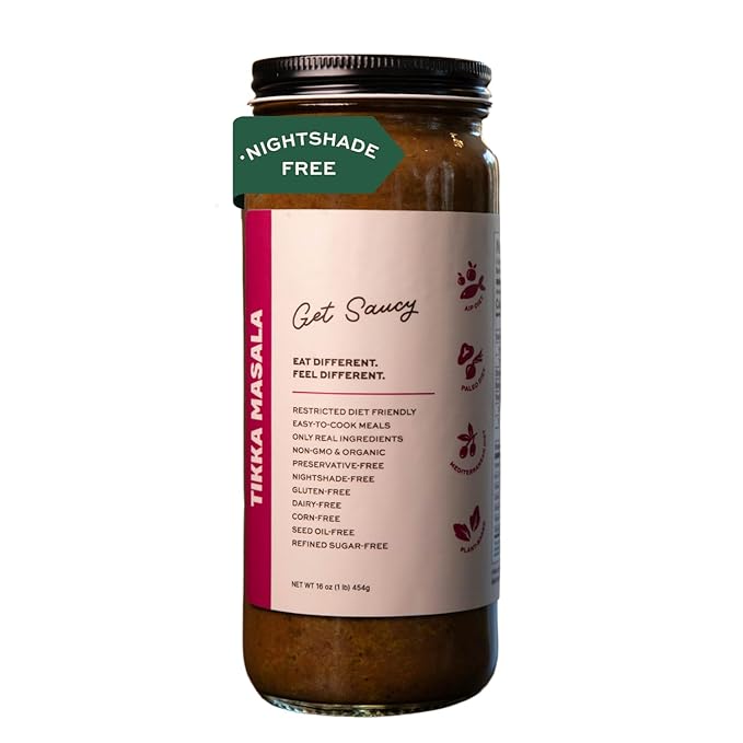 Get Saucy Tikka Masala Sauce - Gluten-Free, Dairy-Free, Corn-Free, Seed Oil-Free, Refined Sugar-Free, Nightshade-Free, Organic, Non-GMO, Preservative-Free, Healthy & Easy Meal (1 Pack, 16oz)