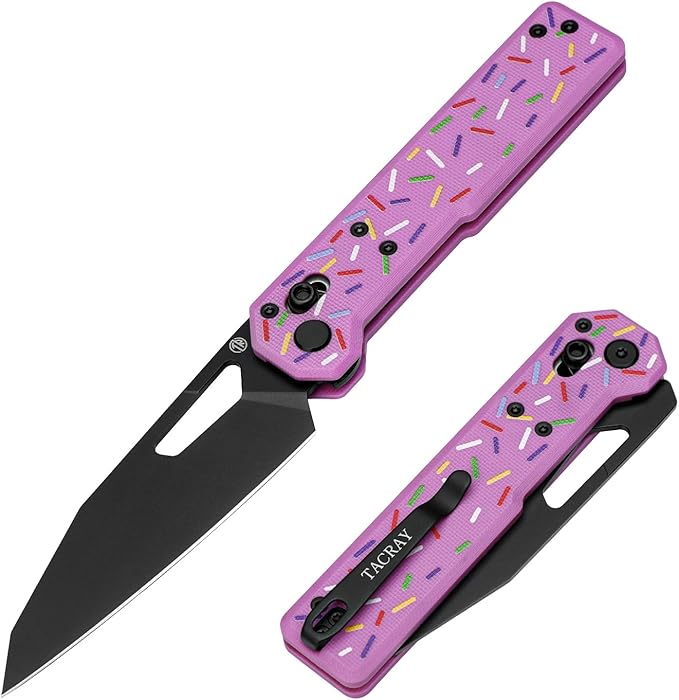 Tarcus Folding Pocket Knife, 3.5" D2 Steel DLC Blade G10 Handle, Lightweight EDC Knife with Crossbar Lock for Men and Women, Ideal for Camping, Hiking, and Survival (Doughnut)