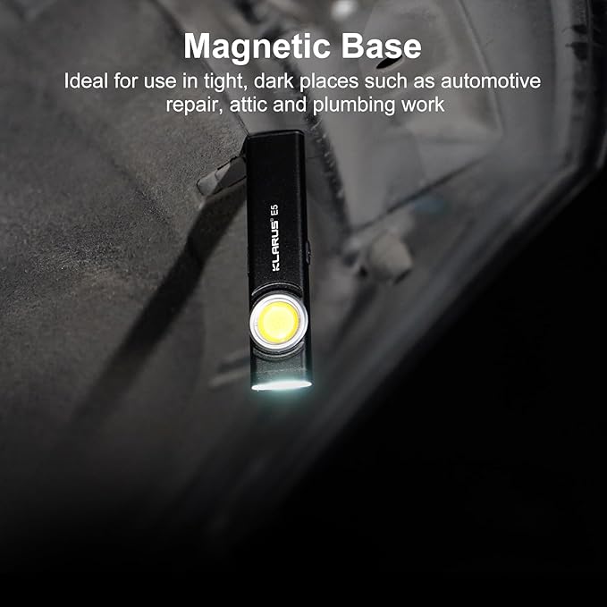 klarus E5 Pocket Flashlight, Rechargeable EDC Flashlight, Super Slim 4.2x1x0.3inch, 600 Lumens, USB-C Port, IPX4, Dual Light Source with Magnetic Base, Hat & Clothes Clip - Black
