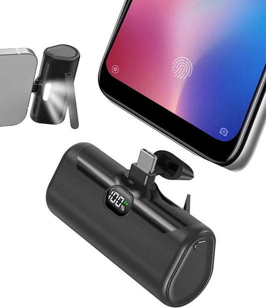 Small Portable Charger Power Bank USB C for iPhone 15 Pro Max, 5000mah Compact Battery Charger with Digital Display,Metal Stand,LED Light, 15W PD Fast Charging for Samsung Galaxy Series-Black