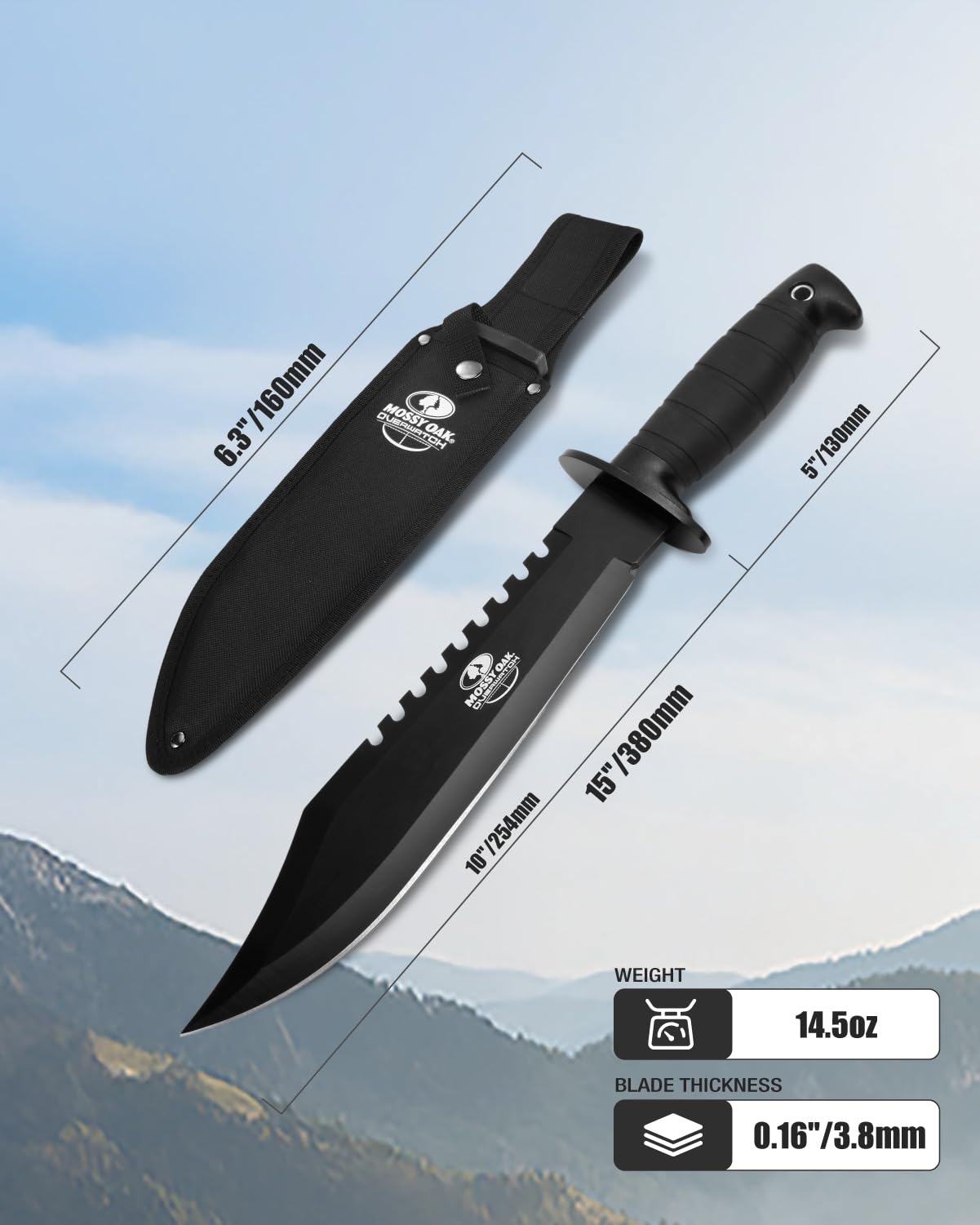 Mossy Oak 15-inch Survival Knife with Sharpener and Fire Starter