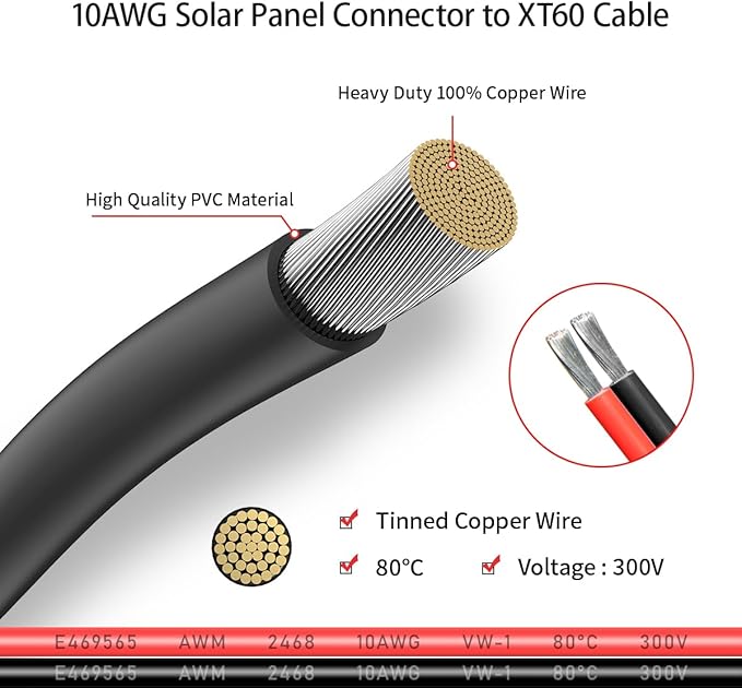 10AWG XT60 Solar Cable Extension for Portable Power Station - 100FT Solar Panel Connector