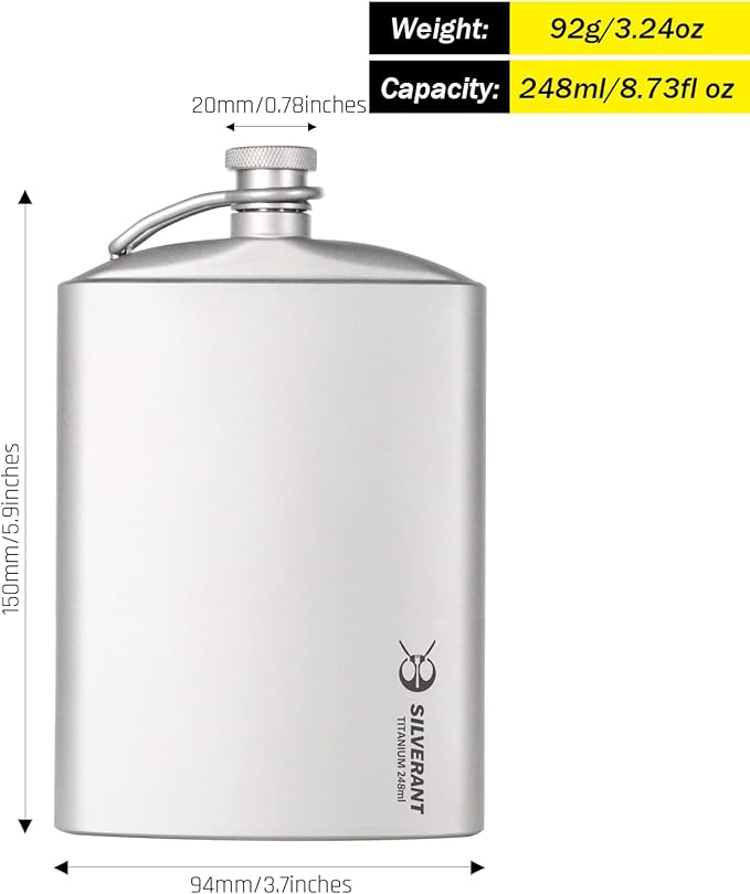 SILVERANT Titanium Hip Flask 248ml/8.73 fl oz, Ultralight Portable Leakproof Pocket Flask Flagon With Screw Cap Clip, Drawstring Cloth Case & Pouring Funnel