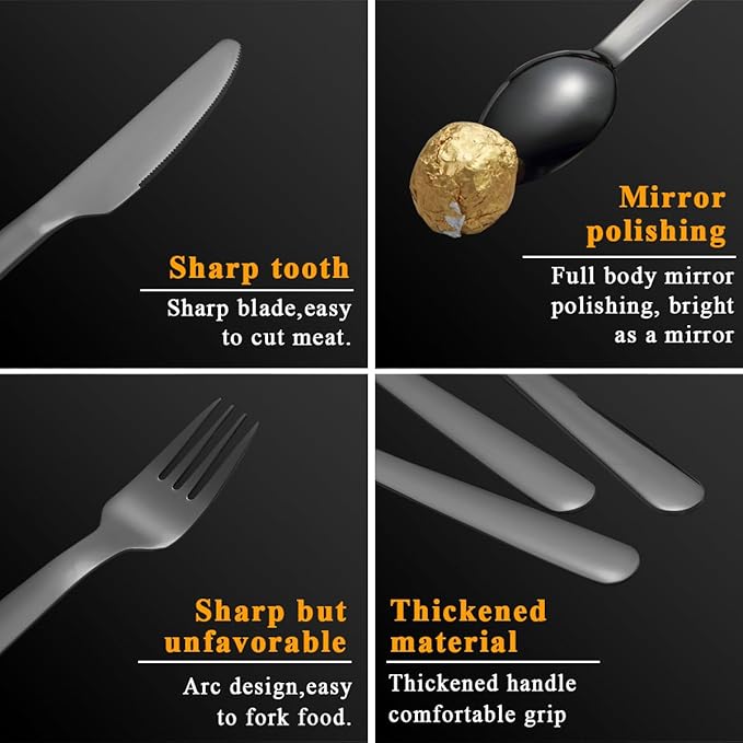 Evanda 3 Piece Portable Silverware Set, Include Knife Fork Spoon, Black Titanium Plating Camping Cutlery Set With Black Bag, For Home Kitchen Camping Travel, Dishwasher Safe