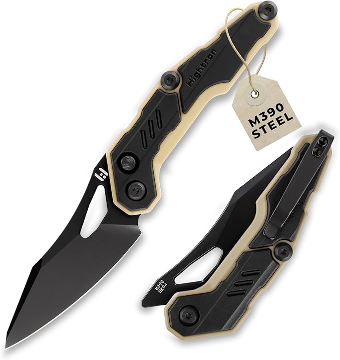 Hightron Spectron Folding Pocket Knife, 3.05" M390 Steel Blade and Nylon Fiber Handle, Sharp EDC Knives with Pocket Clip for Camping Survival Hiking Unisex Black&Khaki