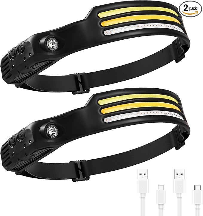 AURUZA 2PCS Headlamp Flashlight,2 COB 230°Wide Beam Headlight Rechargeable LED Headlamps with Motion Sensor Bright 5 Modes Three Light Strips Waterproof Head Lamp for Outdoor Running, Camping Hiking