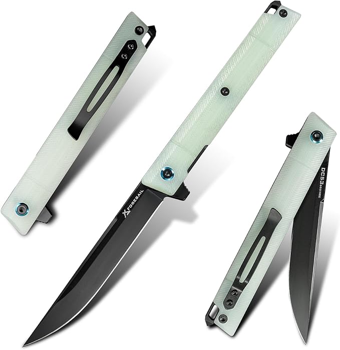 Flipper Pocket Folding Knife,DC53 Steel Blade and G10 Handle. With pocket clip and glass breaker,men's pocket knife hiking trip EDC tool Knife (Natural G10 Handle-D)