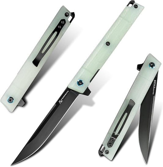 Flipper Pocket Folding Knife,DC53 Steel Blade and G10 Handle. With pocket clip and glass breaker,men's pocket knife hiking trip EDC tool Knife (Natural G10 Handle-D)