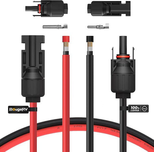 BougeRV 10 Feet 10AWG Solar Extension Cable with Female and Male Connector with Extra Pair of Connectors Solar Panel Adaptor Kit Tool (10FT Red + 10FT Black)