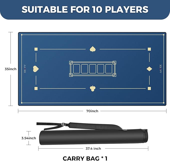 70 x 35 Inch 6-10 Person Texas Hold'em Practical Blue Poker Mat Portable Poker Table Tops Cards Game Mat Pad Topper Waterproof, Easily Clean & Glide Over, Anti-Slip, Odorless with Storage Bag
