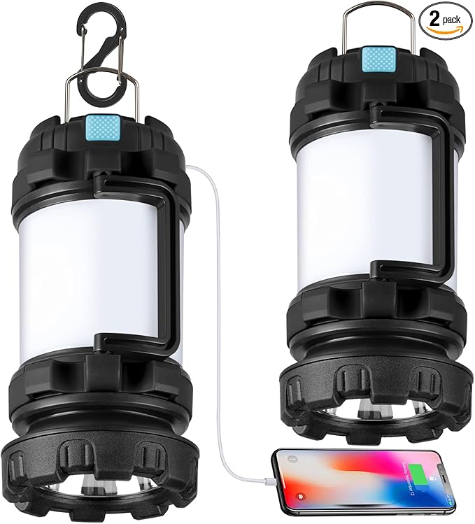 2 Pack Camping Lantern, Outdoor LED Camping Light, Rechargeable Flashlights with 1000LM, 6 Modes, 4000mAh Power Bank, IPX5 Waterproof Portable Emergency Camp Light for Hurricane Survival - Black