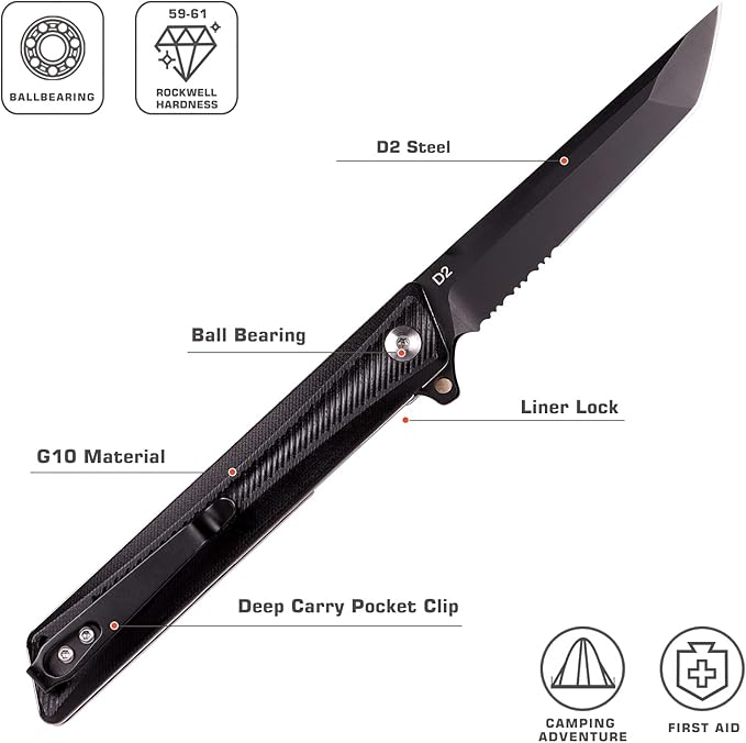 Pocket Knife GD22K, Flipper Open D2 Steel Tanto Folding knife with Durable G10 Handle,Men Women Everyday Carry EDC Knife,Sharp Camping Hiking Daily Work Knives