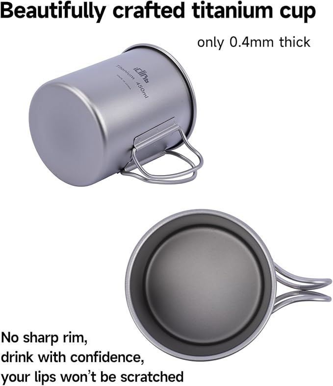 iClimb Titanium Cup Camping Coffee Mug Ultralight Compact with Foldable Handle (200ml)