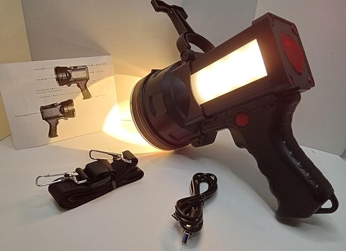 Rechargeable Spotlight Flashlight, Waterproof Outdoor Handheld Spot Light, Built-in Kickstand and Phone Charger, Emergency Light for Camping, Boat, Hunting, Hiking (Warm White)