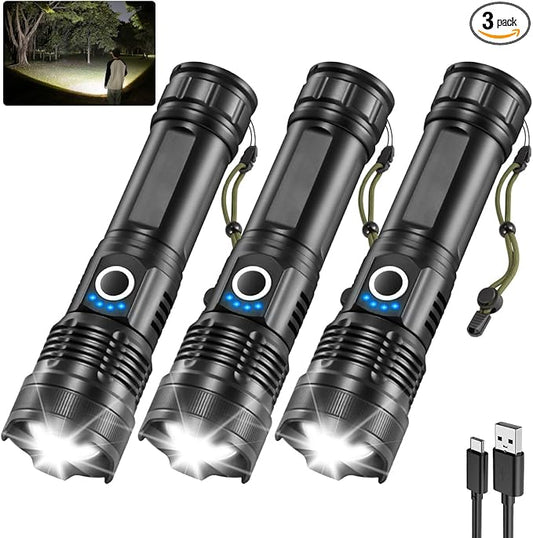 3Pack Rechargeable Flashlights High Lumens, 5Modes LED Flashlight Rechargeable, Super Bright Flashlight High Powered, Adjustable Tactical Flashlight, Powerful Flash Light for Home Emergencies