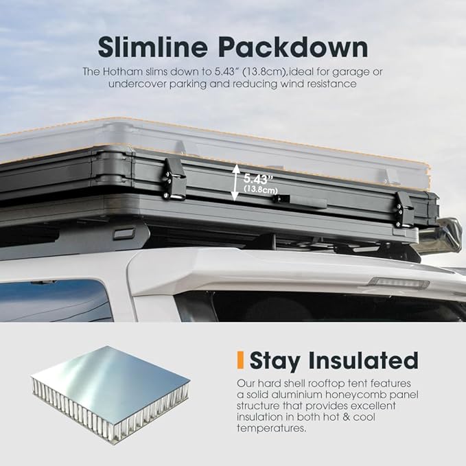 Sanhima Rooftop Tent Hard Shell - Hotham Overland Aluminium Roof Top Tent w/Larger Space, LED Strip Light & Skyview Window, 2” Thick Mattress, for Car SUV Truck Camping, 2-3 People Tent