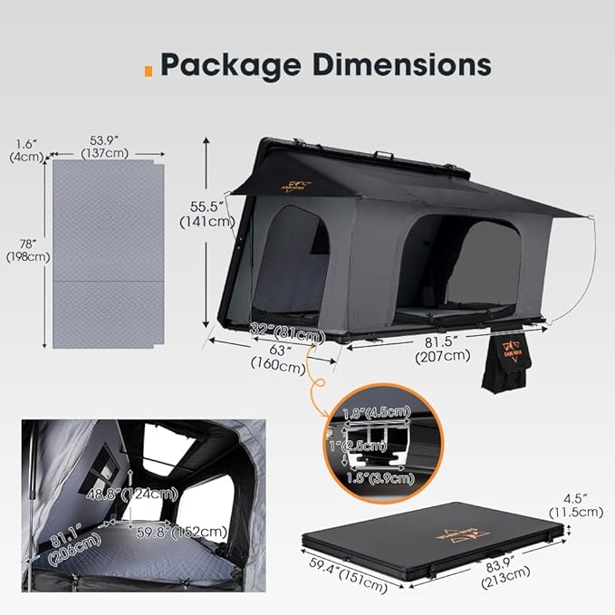 SanHima Rooftop Tent Hard Shell - Hotham Side Overland Aluminium Roof Top Tent Side-Open Design, Larger Space, Tri-Color LED Light & Skyview Window, for 2-3 People Car SUV Truck Camping
