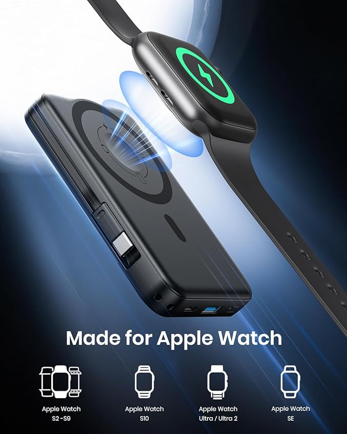 Hiluckey Magnetic Portable Charger Power Bank -10000mAh Ultra Slim 15W Wireless Phone Charger, 20W PD Fast Charging Battery Pack with Built-in Cable for Phone 16/15/14/13 Pro/Pro Max, Apple Watch